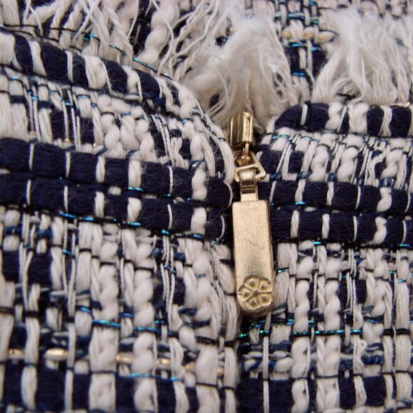 Trina Turk Tweed Midi Dress Navy White Shift V-neck Fringe Business Office 8 - Picture 16 of 16